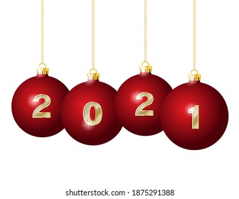 Happy New Year 2021 design. Vector greeting illustration with golden numbers on Red Christmas Balls Hanging on Golden Chains.