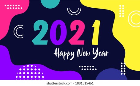 Happy New Year 2021 design template with dark background and modern style. Can be used for banners, brochures or calendar cover designs, new year greeting cards etc.