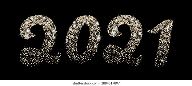 Happy New Year 2021 design template with golden calligraphic shiny text. Gold glittering letters, sparkles, confetti. Holiday concept. Luxury graphic for banner, greeting card, party invitation