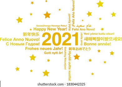 Happy New Year 2021 in different languages word cloud greeting card concept