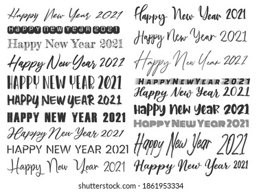 Happy New Year 2021 different font lettering text. Vector illustration image. Isolated on white background.