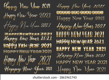 Happy New Year 2021 different font lettering text. Vector illustration image. Isolated on white background.