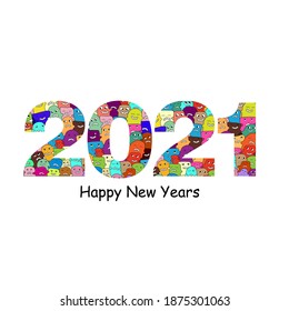 Happy New Year 2021 with doodles patern