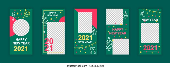 Happy new year 2021 editable templates set for stories. Winter holidays celebration, festive party. Design for social networks. Story mockup with free copy space vector illustration.