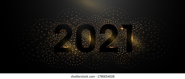 Happy new year 2021! Elegant black text with a Golden salute. A minimalistic template. Black Christmas Background. New year 2021 the design of the logo text. Vector illustration.