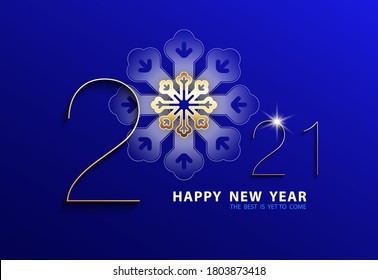 Happy New Year 2021. Elegant design gold numbers and snowflake, isolated white text. Blue background. Stars shiny. Futuristic Design 2021 New Logo. Elements for calendar and greeting card, poster
