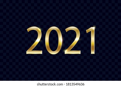 Happy New Year 2021. Elegant luxury 3D design on black transparent background. golden glittering numbers 2021. winter holiday greeting card. Vector illustration.