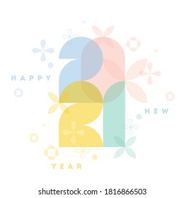 Happy New Year 2021. Elegant pastel colored numbers with geometric flowers and abstract floral decor on white background. Cool vector illustration for beauty clinic or fashion studio calendar cover