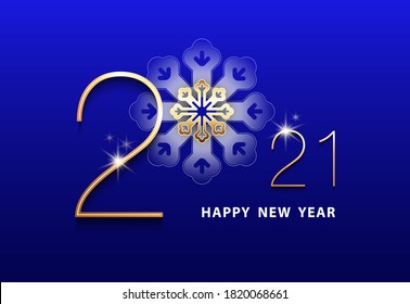 Happy New Year 2021. Elegant design gold numbers and snowflake, isolated white text. Blue background. Stars shiny. Futuristic Design 2021, New Logo. Elements for calendar and greeting card, poster
