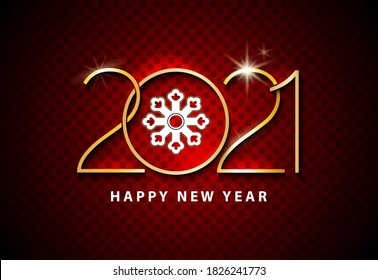 Happy new year 2021. Elegant design of golden numbers and snowflake, isolated gold text. Red background, squares. The stars are shining. 2021 logo. Elements for calendar and greeting cards, posters