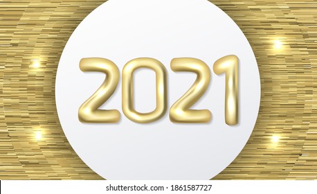 Happy new year 2021. Elegant gold text with sparkling light and white gold background. Minimalist template for element, calendar, greeting card, or banner. vector typography for 2021 and luxury design