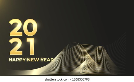 Happy new year 2021. Elegant gold text with sparkling light and gold waves. Minimalist template for background element, calendar, greeting card, or banner. vector typography for 2021 and luxury design