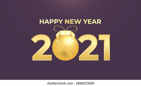 Happy new year 2021. Elegant gold text with sparkling light, Christmas balls and purple black background. Minimalist template for element, calendar, greeting card, or banner. vector luxury typography 