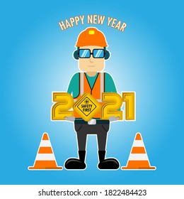 Feliz Año Nuevo 2021. Ilustración de vectores de ingeniero de Año Nuevo. Composición sencilla con letras de color amarillas 