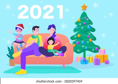 Happy New Year 2021. family celebrating Christmas and New Year in the decorated living room at home. vector flat illustration
