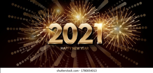 Happy New Year 2021. Festive vector illustration with a festive typographic composition. New Year 2021 Label with a Graphic Golden fireworks Shape on a dark red background.