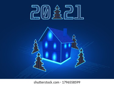 Happy New Year 2021. Festive inscription, house and Christmas tree from numbers. Computer interface. GUI vector illustration