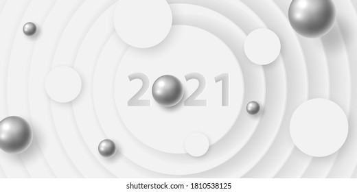 Happy new year 2021. Festive white paper cut background with silver 3D spheres. Vector illustration. Holiday banner. Modern design banner, cover, wallpaper.