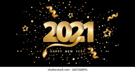 Happy new year 2021. Festive black background with golden numbers, confetti, stars and streamer ribbons. Vector illustration 3D. Holiday banner realistic style. Luxury design poster, cover, wallpaper.