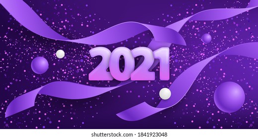 Happy new year 2021. Festive purple background with numbers, confetti and balls 3D. Violet background with ribbons. Vector illustration. Holiday banner. Realistic style. Luxury design banner, poster.