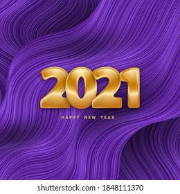 Happy new year 2021. Festive violet striped background with golden numbers 3D. Purple wavy backdrop. Poster wavy stripes. Vector illustration liquid flowing shape. Holiday banner. Luxury design.