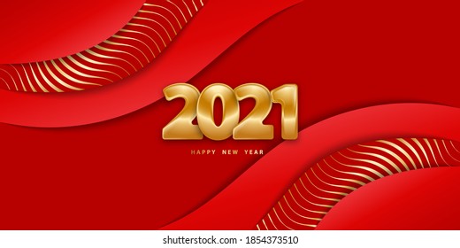 Happy new year 2021. Festive red background with golden numbers 3D. Paper cut backdrop. Poster with wavy stripes. Vector illustration warped surface. Holiday banner. Luxury design cover, wallpaper.