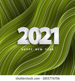 Happy new year 2021. Festive green striped background with silver numbers 3D. Warped surface. Striped wavy poster. Vector illustration liquid flowing shape. Holiday banner. Luxury design wallpaper.