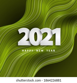 Happy new year 2021. Festive green striped background with silver numbers 3D. Warped surface. Striped wavy poster. Vector illustration liquid flowing shape. Holiday banner. Luxury design wallpaper.