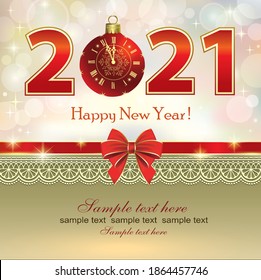 Happy New Year 2021. Festive luxury greeting card. Holiday multicolor background with numbers 2021 and clock decorated with ribbon and bow, place for text. Vector illustration