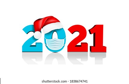 Happy New Year 2021. Figures under the hat of Santa Claus and medial face mask. Against coronavirus, covid-19. Vector illustration on white background