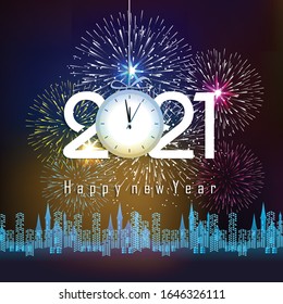 Happy new year 2021 with firework background. Firework display colorful for holidays.
