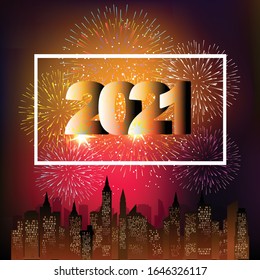 Happy new year 2021 with firework background. Firework display colorful for holidays.
