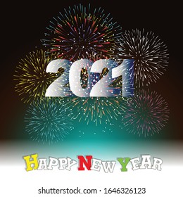 Happy new year 2021 with firework background. Firework display colorful for holidays.
