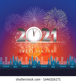 Happy new year 2021 with firework background. Firework display colorful for holidays.
