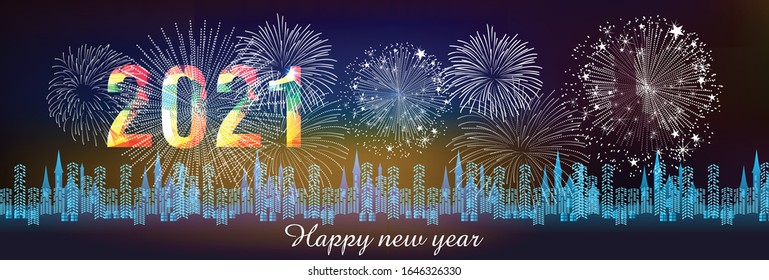 Happy new year 2021 with firework background. Firework display colorful for holidays.
