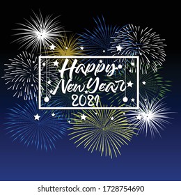 Happy new year 2021 with firework background. Firework display colorful for holidays.