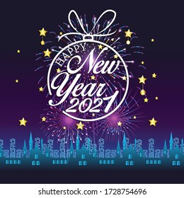 Happy new year 2021 with firework background. Firework display colorful for holidays.