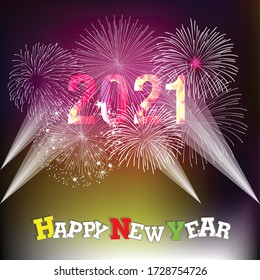 Feliz año nuevo 2021 con fuegos artificiales de fondo. Los fuegos artificiales muestran colores para las vacaciones.