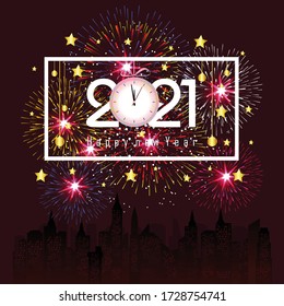 Happy new year 2021 with firework background. Firework display colorful for holidays.