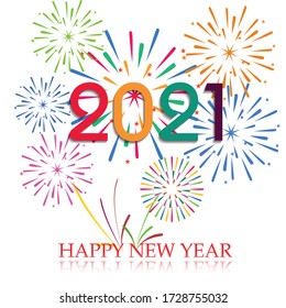 Happy new year 2021 with firework background. Firework display colorful for holidays.