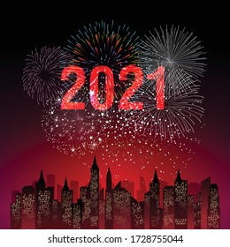 Happy new year 2021 with firework background. Firework display colorful for holidays.