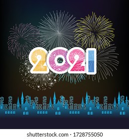 Happy new year 2021 with firework background. Firework display colorful for holidays.