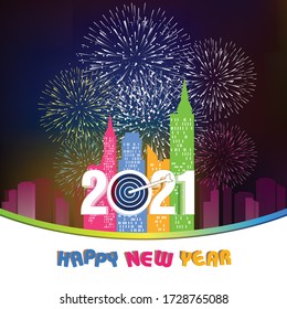 Happy new year 2021 with firework background. Firework display colorful for holidays.
