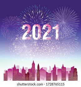 Feliz año nuevo 2021 con fuegos artificiales de fondo. Los fuegos artificiales muestran colores para las vacaciones.