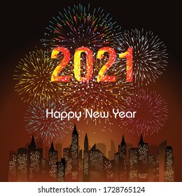 Happy new year 2021 with firework background. Firework display colorful for holidays.