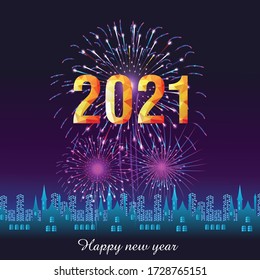 Happy new year 2021 with firework background. Firework display colorful for holidays.