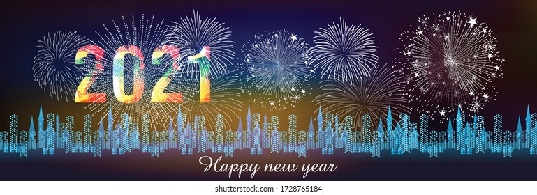 Happy new year 2021 with firework background. Firework display colorful for holidays.