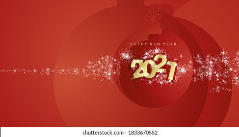 Happy New Year 2021 firework gold red Christmas ball landscape greeting card