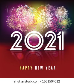 Happy New Year 2021 with fireworks background. holiday symbol template. 