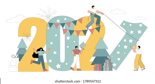 Happy New Year 2021. Flat people are preparing for the holiday. Vector illustration on a white background